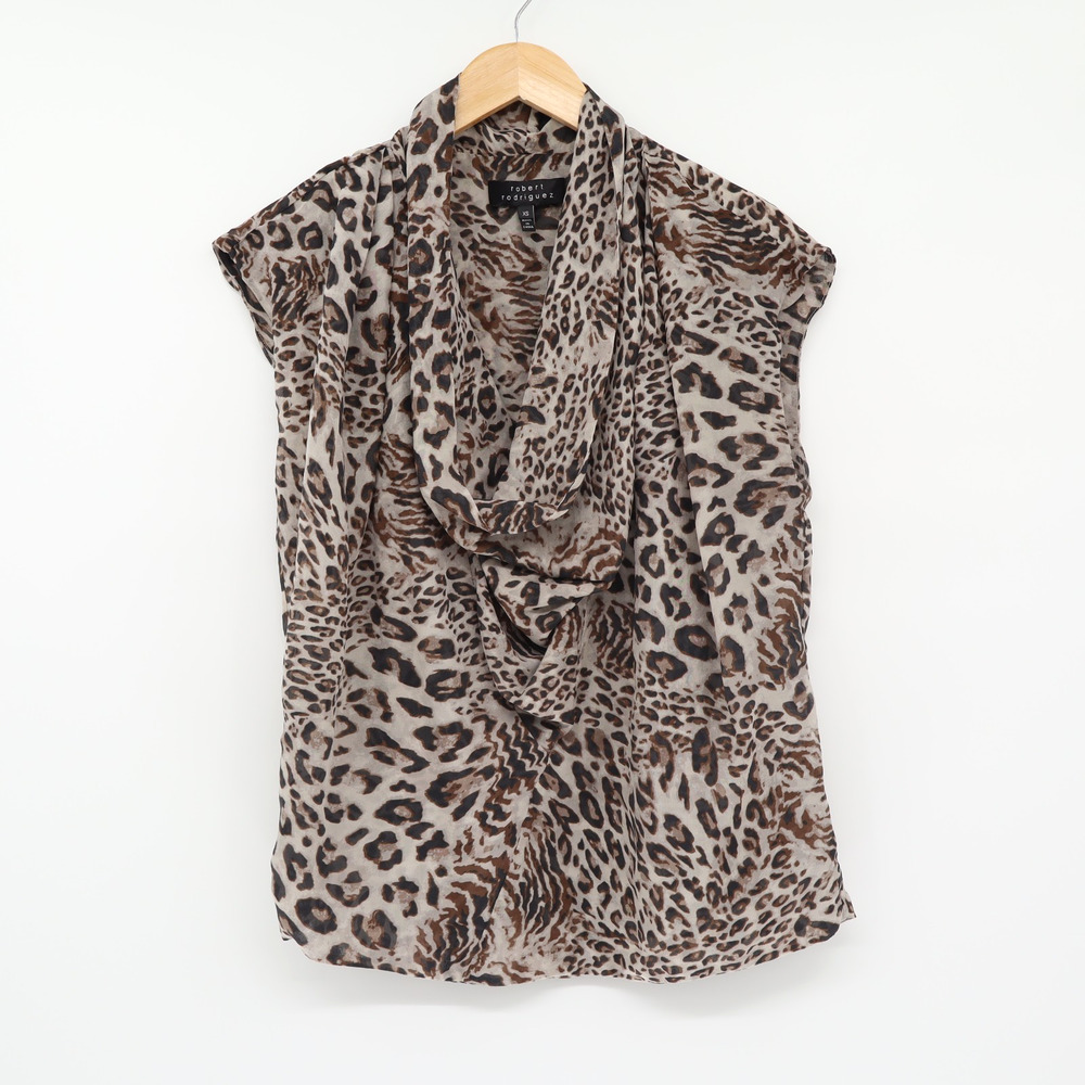 Robert Rodriguez XS Black Label Leopard Print Cowl Neck Silk Top Luxury Glam